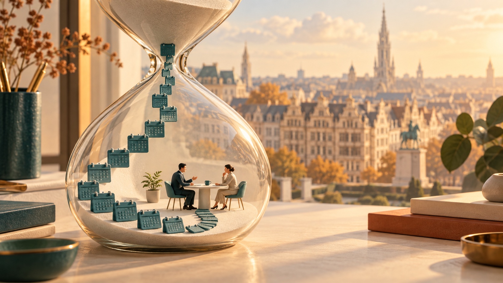 Illustration conceptuelle : un sablier devant Bruxelles transforme des calendriers en temps de rencontre avec un client.