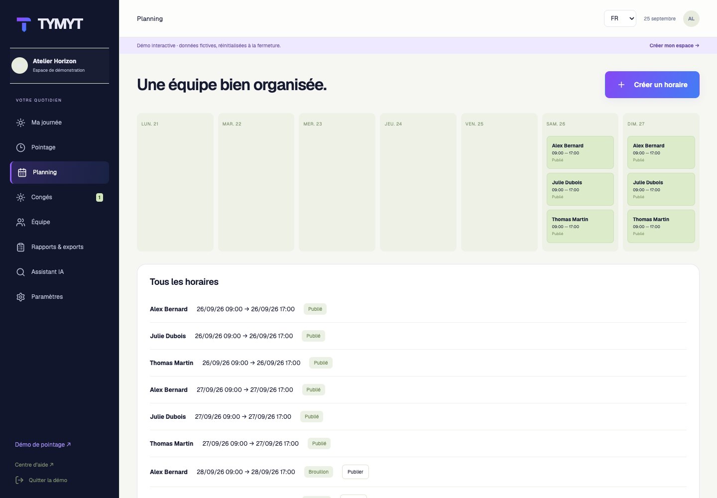 Capture réelle de TYMYT : Planning